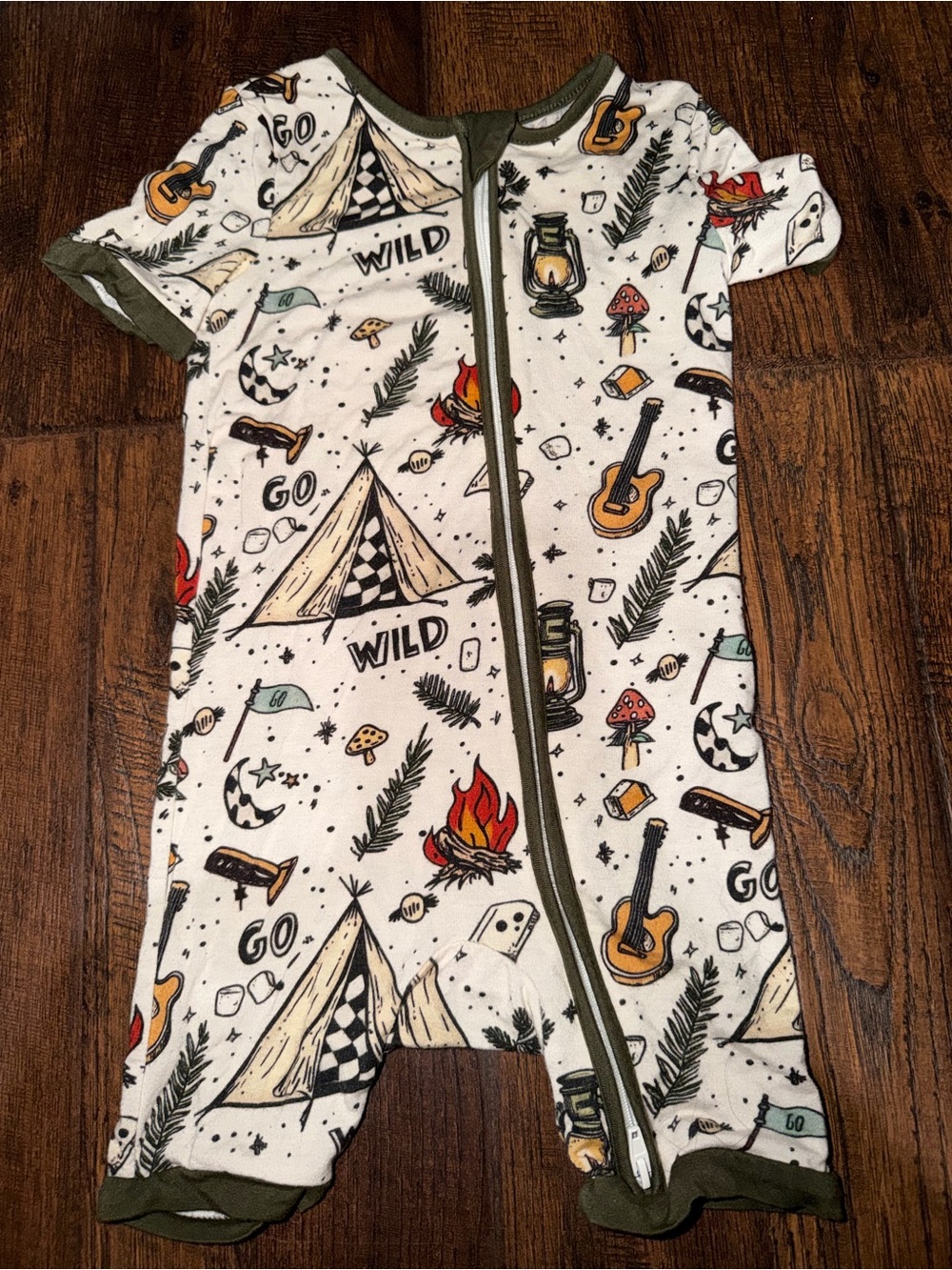 Kids White Adventure Print One-Piece Romper bamboo with Olive Trim